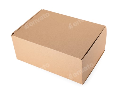 Preview: Closed cardboard box on white background. Mockup for design