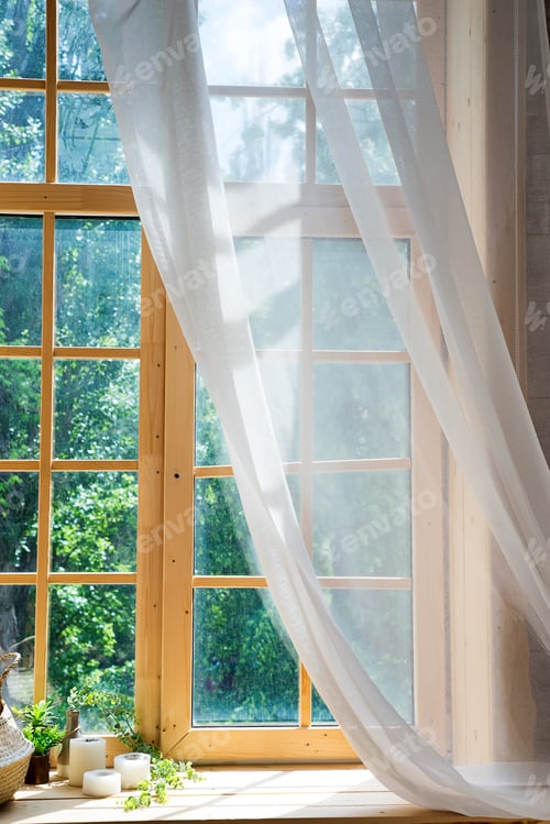 Preview: Empty room, wooden window with with curtain and window