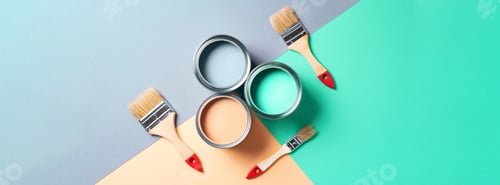 Preview: Metal paint cans and paint brushes on multicolor background. Top view. Copy space. Trendy green