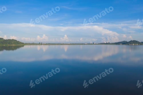 Preview: Aerial view of national park with river lake, mountain valley hills, Thailand. Natural landscape.