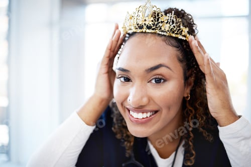 Preview: Doctor woman, crown and success portrait for career goals, achievement and celebration for smile in