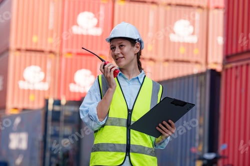 Preview: Woman coordinating logistics in a busy shipping yard during daylight hours