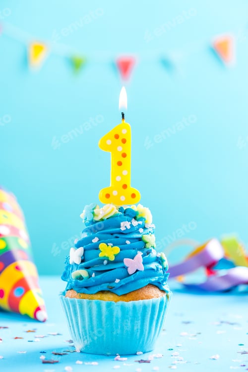 Preview: First 1st birthday cupcake with candle and sprinkles. Card mocku