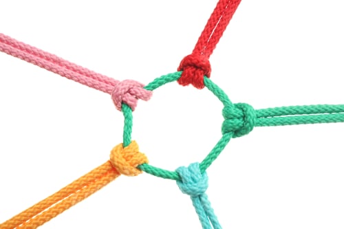Preview: Colorful ropes tied together on white background. Unity concept