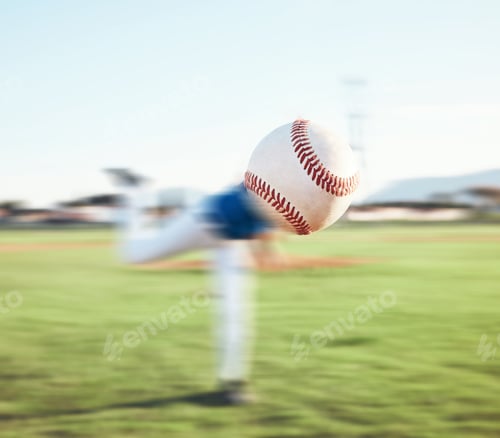 Preview: Baseball, ball and person pitching outdoor on a sports pitch for performance and competition. Profe