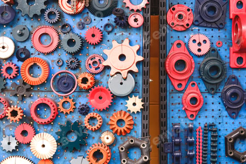 Preview: Colorful gears with flange different size sample set on blue acrylic display board