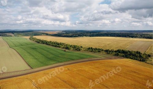 Preview: Cloudy weather. High up aerial view of beautiful agricultural field at daytime