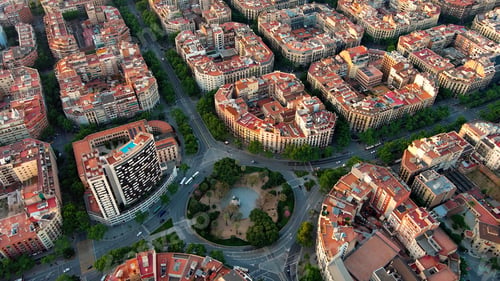 Preview: Aerial view of the residential Eixample district of Barcelona at sunrise. Tetuan Square
