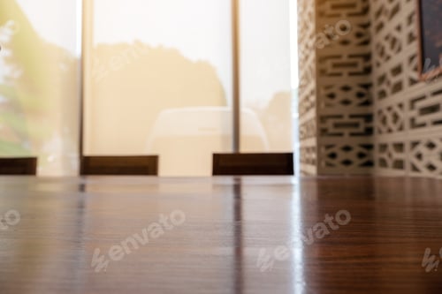 Preview: Wooden table and chairs with blurred background