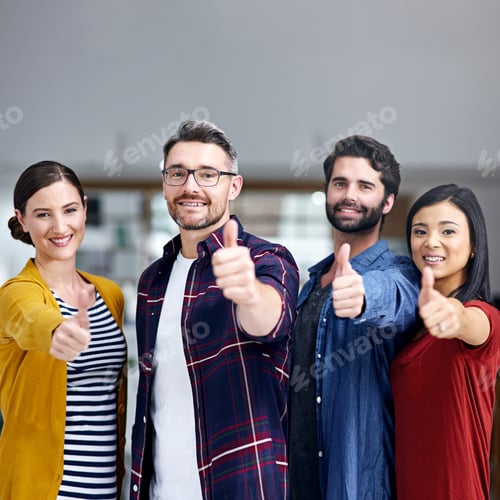 Preview: That was impressive. Portrait of a group of creatives showing thumbs up together.