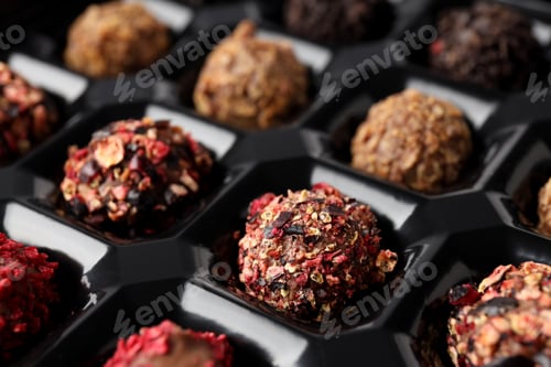 Preview: Chocolate candies in box all over background, close up