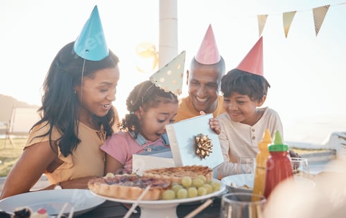 Preview: Birthday, surprise and family outdoors for party, celebration and present, happy and excited. Paren