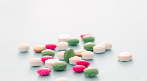 Preview: Medicine pills on pastel blue background. Health pharmacy concept