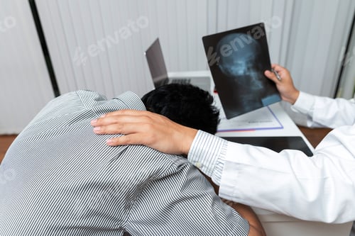 Preview: Medical consultation. Doctor soothing a patient fear depressed and fail by holding his shoulder.