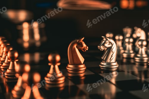 Preview: Closeup of the chess pieces on the board. Knights.