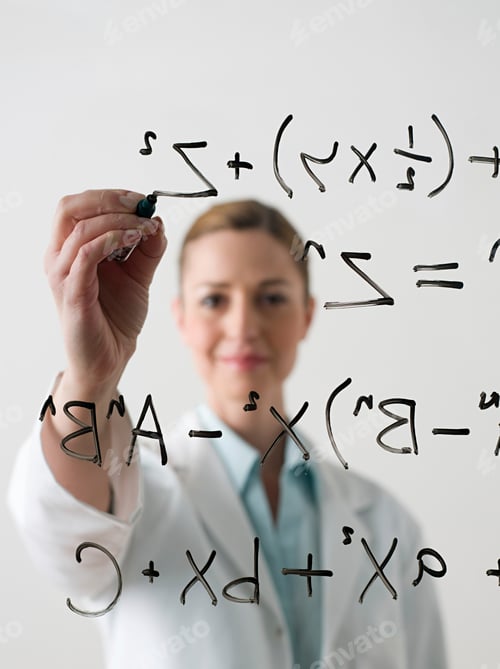 Preview: Confident woman solving complex equations on a clear surface.