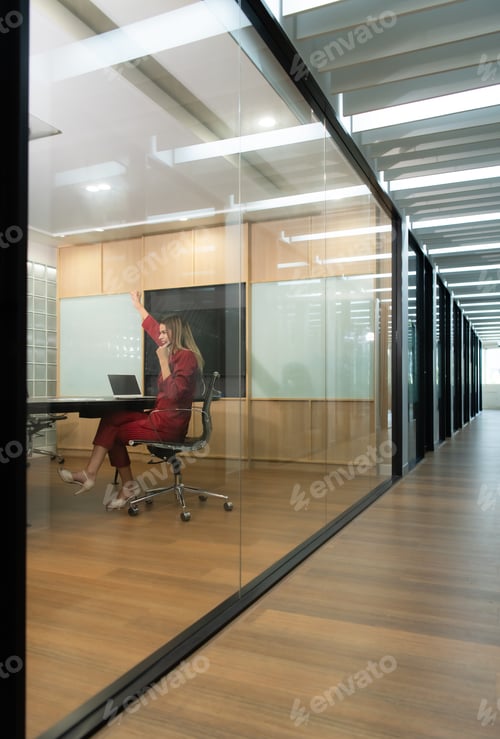 Preview: Business woman in red dress, Expressing joy that the presentation of new work and projects