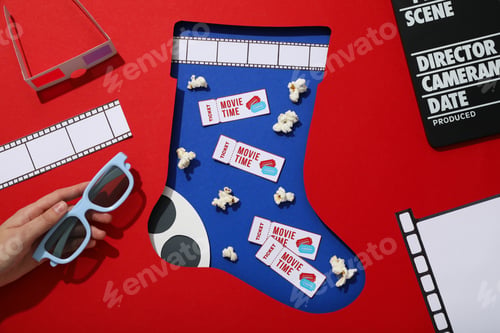 Preview: Popcorn, 3D glasses in hand, paper reel, film and tickets on red background, top view