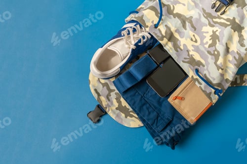 Preview: view from above on casual simple backpack with things and clothes inside, ready to put and pack