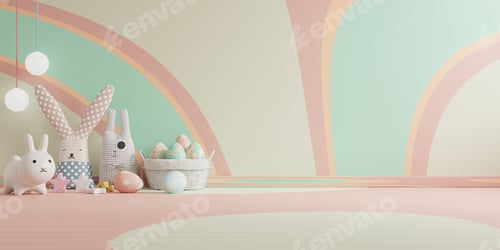 Preview: Mock up pastel light stucco wall in children room,kids room,Easter day