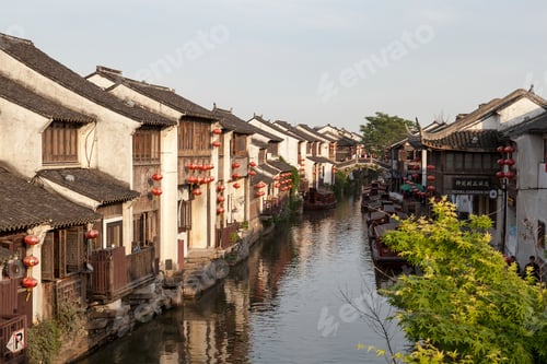 Preview: Traditional waterfront houses on river, Suzhou, Jiangsu Province, China
