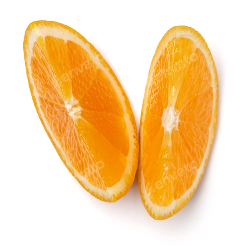 Preview: Orange fruit slice isolated on white background closeup. Food background. Flat lay, top view.