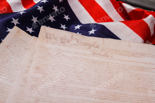 Preview: Flag of the usa and papers with text.