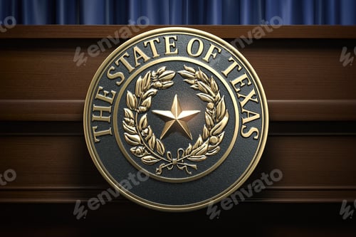 Preview: Symbol and big seal of State of Texas on the tribune.