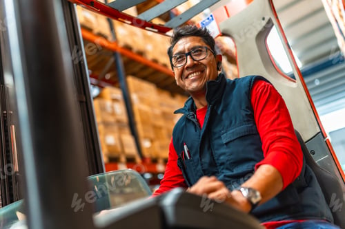 Preview: Latin worker using forklift in a distribution warehouse