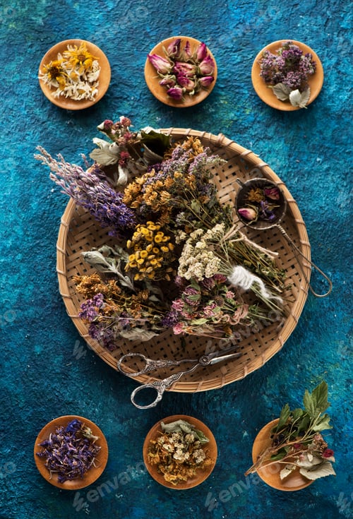 Preview: Various Dried healing herbs and flowers on a blue background, top view. Herbal Medicine