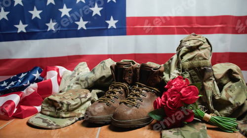 Preview: Boots hat and USA flag close up for Veterans Day