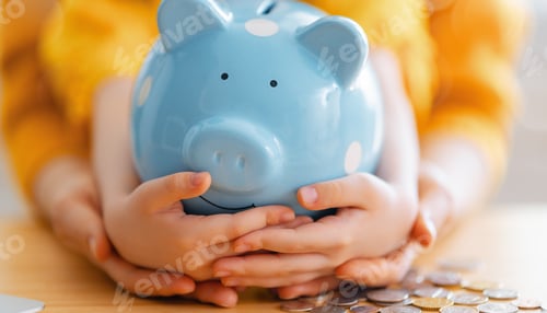 Preview: Woman and child with a piggy bank