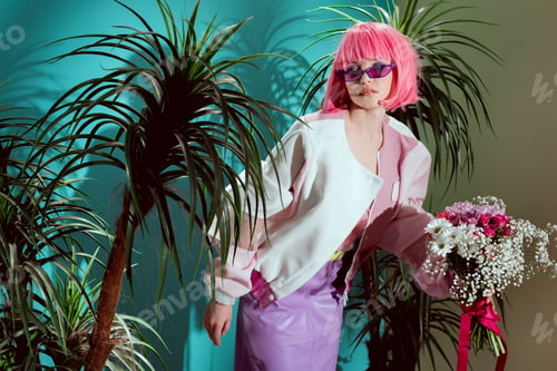 Preview: beautiful fashionable young woman in pink wig holding bouquet of flowers and posing between green