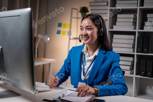 Preview: Young friendly operator woman agent with headsets working in a call centre.