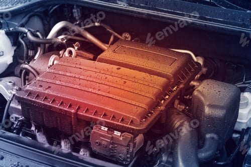 Preview: Close-up, clean engine with red light, engine overheating concept