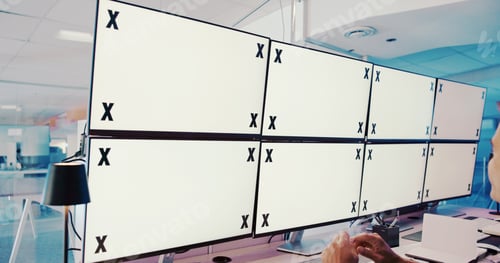 Preview: Computer screens, office and man by space for security, safety or cctv footage on monitor. Protecti