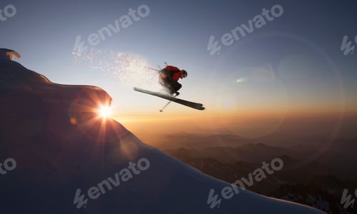 Preview: Skier jumping on a snowy slope at sunset, Zermatt, Canton Wallis, Switzerland