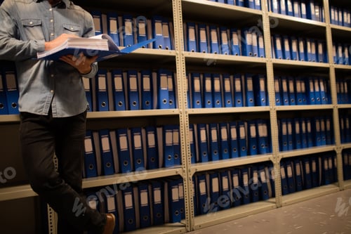 Preview: Low section of businessman reading file in storage room