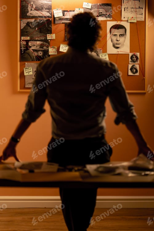 Preview: detective office middle aged investigator in shirt and tie standing near clue board for solving