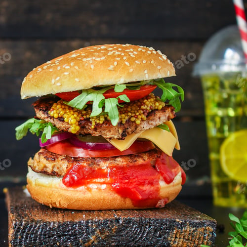Preview: Burger, Meat Cutlet Beef Steak, Tomato, Sauce And Lettuce (Tasty Meat Snack Sandwich) Menu Concept