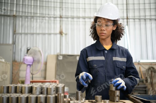 Preview: A young female engineer inspects and repairs parts of a robotic welding machine