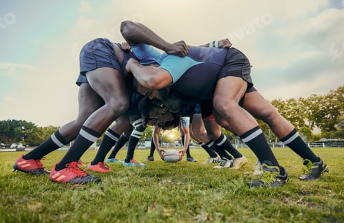 Preview: Rugby fitness, scrum or men training in stadium on grass field in match, practice or sports game. T
