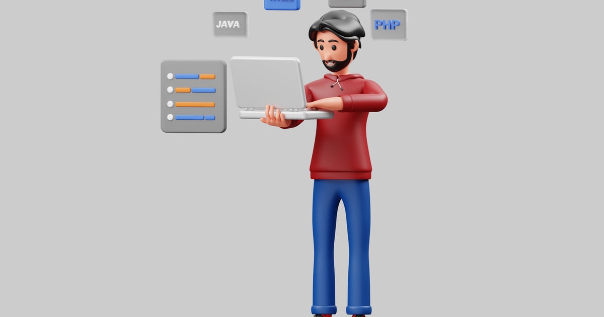 Cartoon developer character with laptop 3D, Incl. cartoon & code - Envato