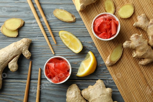 Preview: Concept of tasty eating with pickled ginger and chopsticks on wooden table