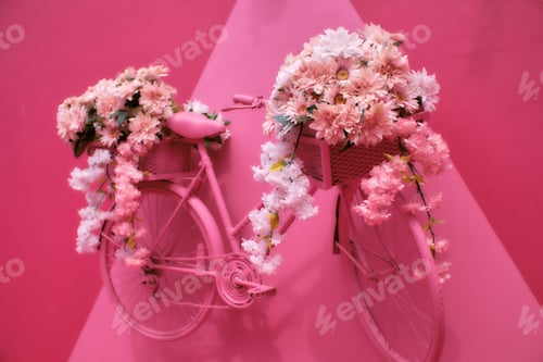 Preview: Beautiful pink bicycle on a pink wall background with colorful flowers in a basket