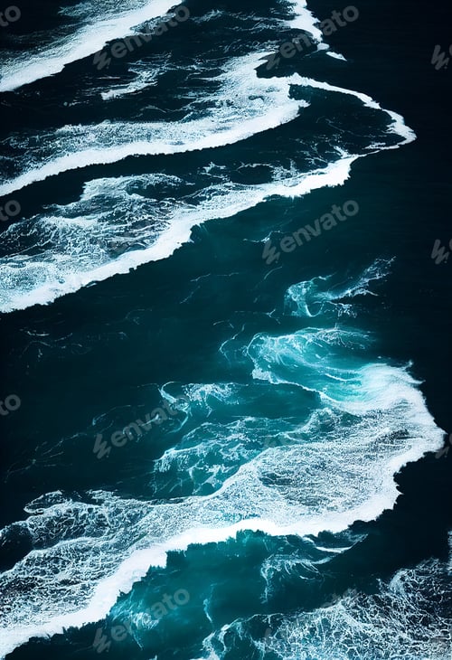 Preview: Aerial drone view with of crashing waves in crystal ocean. Top view. Blue clean wavy sea water.Blue
