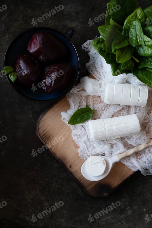 Overhead View of Beets, Cheese and Spinach