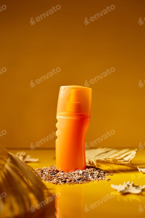 Preview: Sunscreen tube mockup with shells, sand yellow background
