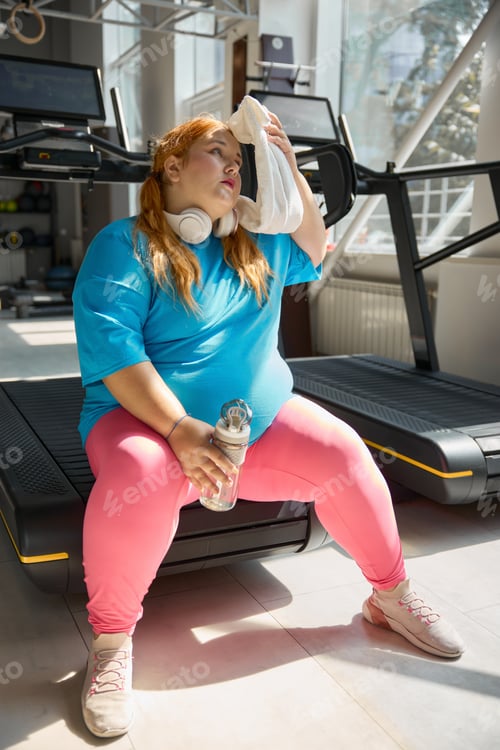 Preview: Tired plus size girl wiping sweat from her face feeling exhaustion after training
