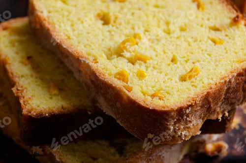 Preview: Homemade cornbread slices on kitchen table zoomed image